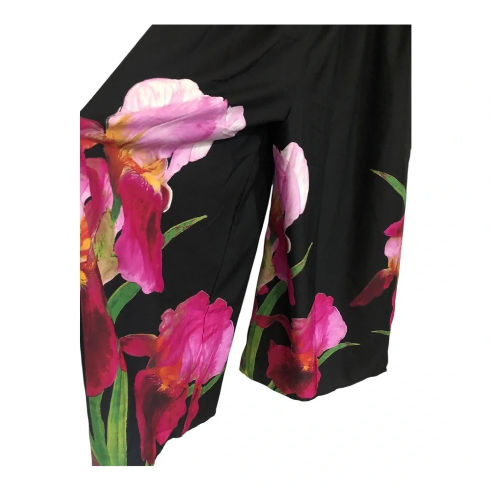 Black pink hibiscus floral tropical print hem wide leg flowy pants size XL new - Picture 14 of 17